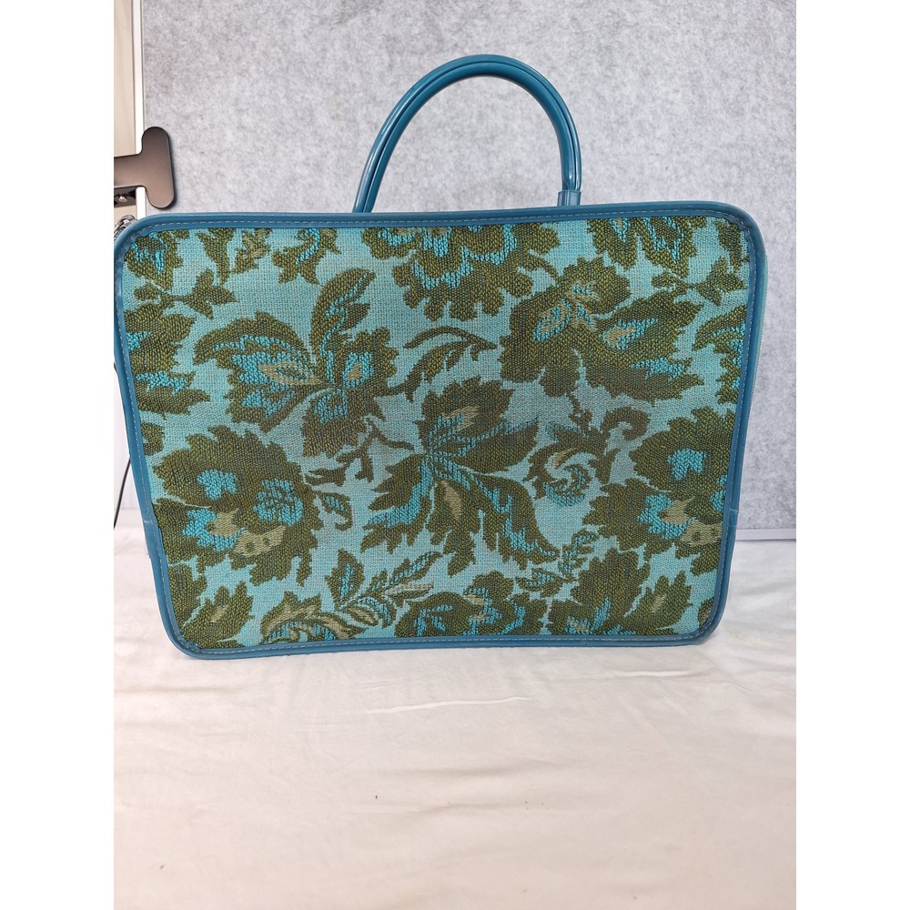 1960s tapestry suitcase travel bag Avon blue green teal woven floral retro